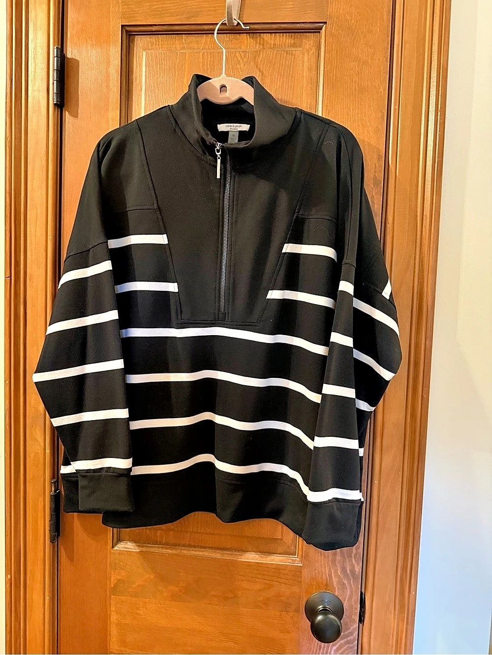 Cable & Gauge Striped Quarter-Zip Top in Black & White Size 2X